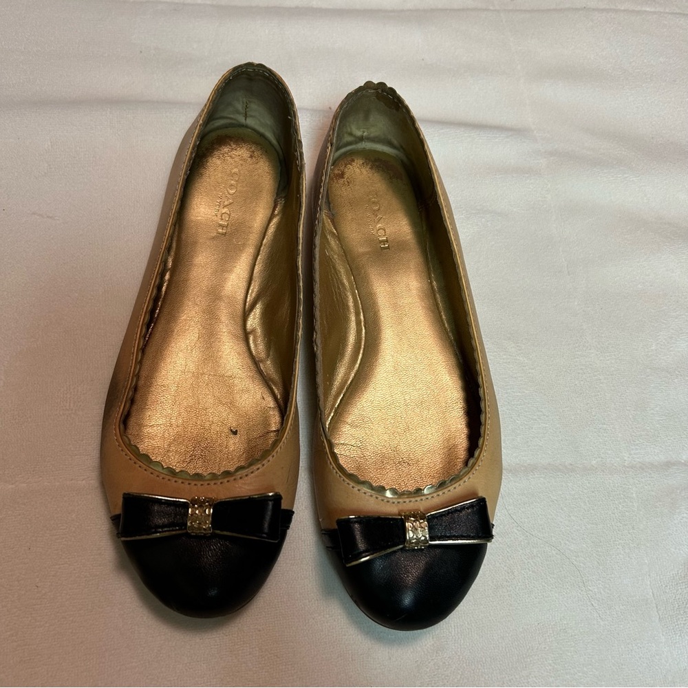 Coach Beige/Light Pink, Black and Gold Flats with Bow Accent